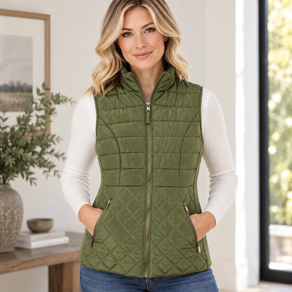 Ci Sono Women's Olive Green Quilted Puffer Vest Zip Pockets Size S
